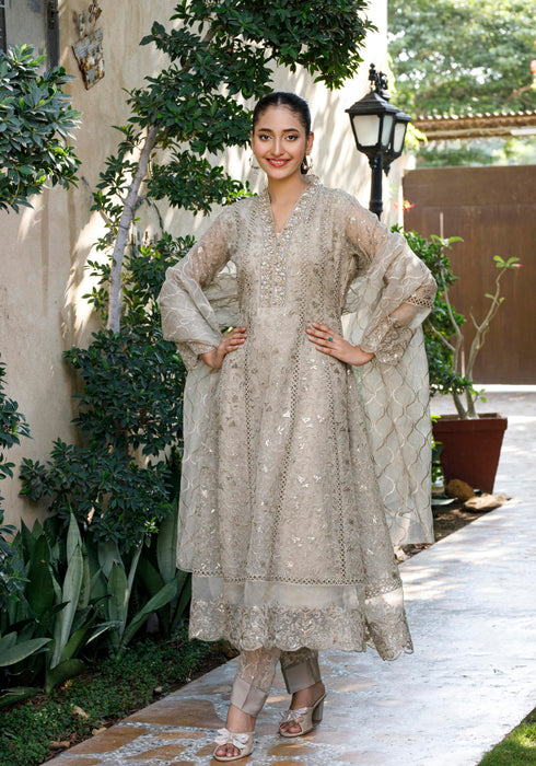 HP002 - Brownish grey shirt with attached shameez & malai trousers with chiffon dupatta. With Inner.